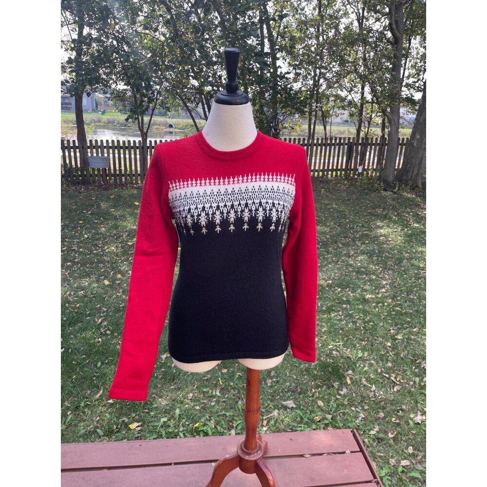 Wool Blend Red & Black Sweater With White Pattern Pullover Long Sleeve S